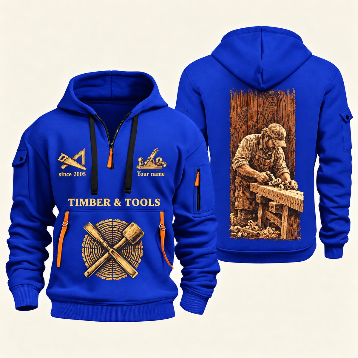 Carpenter Golden Craft quarter-zip hoodie in Blue, front and back, Your name and since 2005 artwork