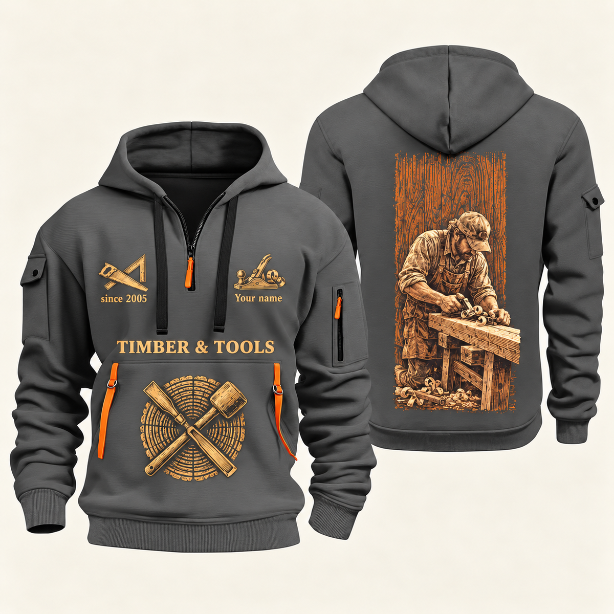 Carpenter Golden Craft quarter-zip hoodie in Gray, front and back, Your name and since 2005 artwork
