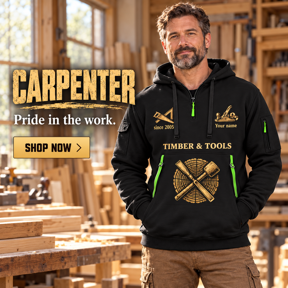 Carpenter wearing Golden Craft quarter-zip hoodie in their workplace; product introduction and shopping call to action