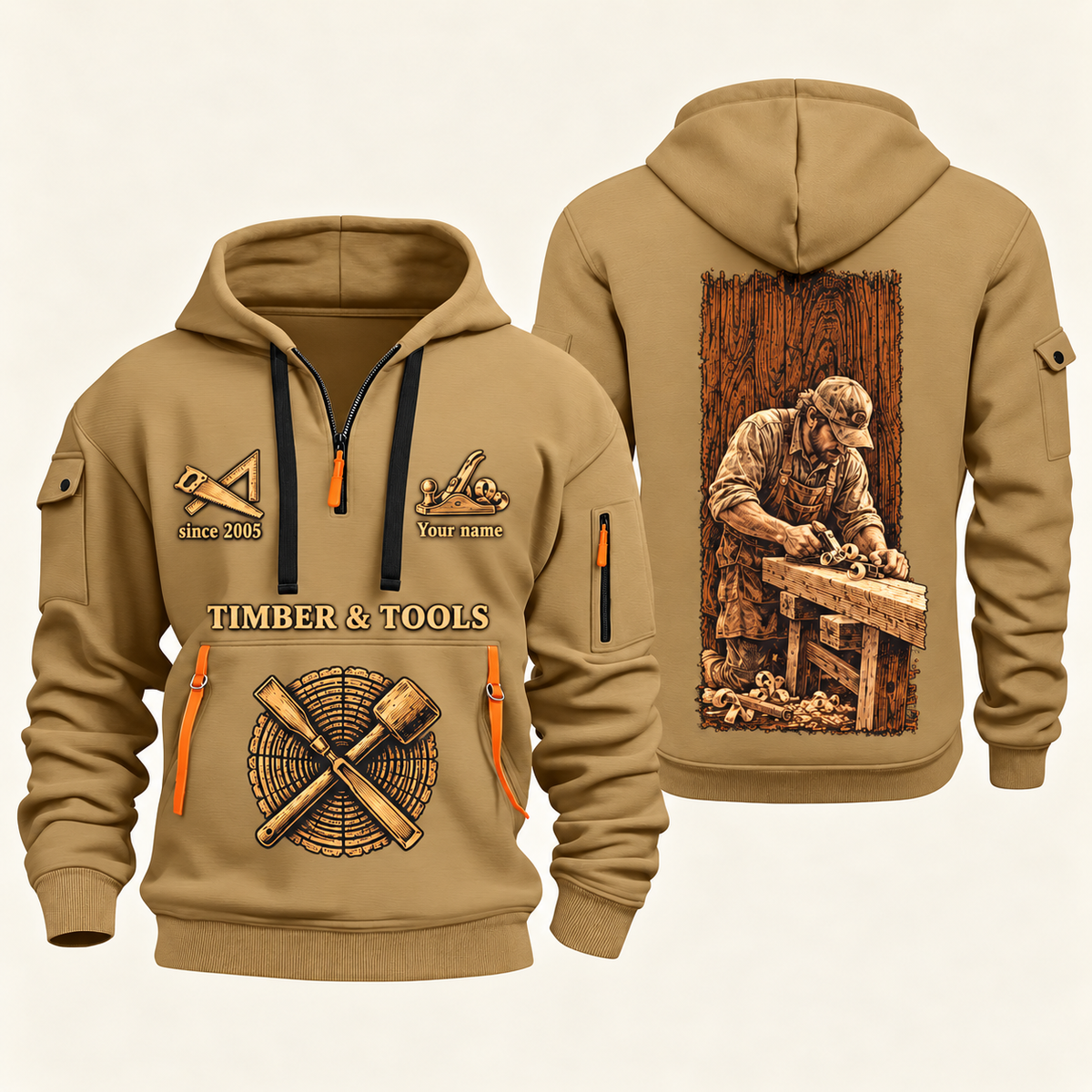 Carpenter Golden Craft quarter-zip hoodie in Khaki, front and back, Your name and since 2005 artwork