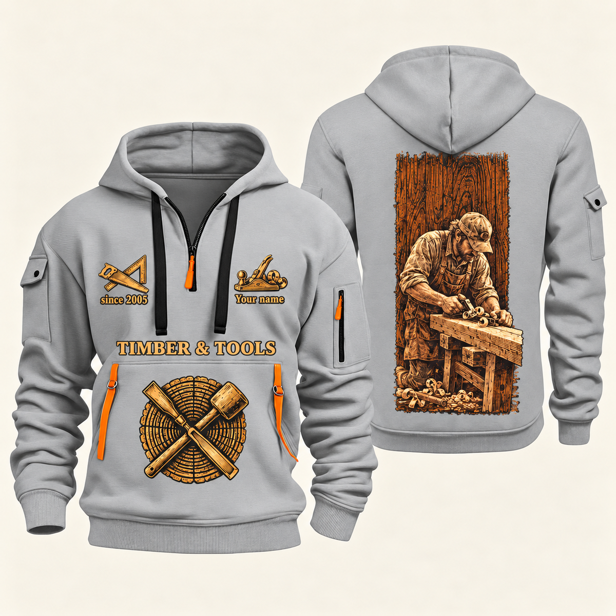 Carpenter Golden Craft quarter-zip hoodie in Light Grey, front and back, Your name and since 2005 artwork