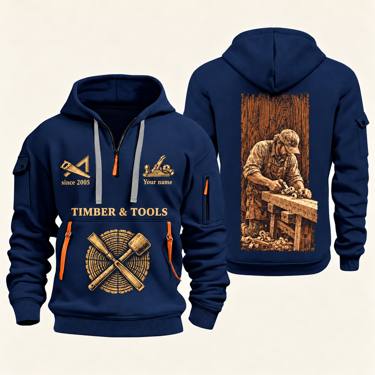 Carpenter Golden Craft quarter-zip hoodie in Navy, front and back, Your name and since 2005 artwork