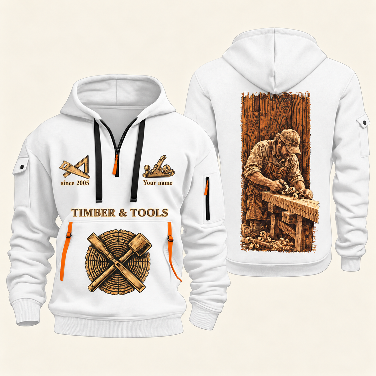 Carpenter Golden Craft quarter-zip hoodie in White, front and back, Your name and since 2005 artwork