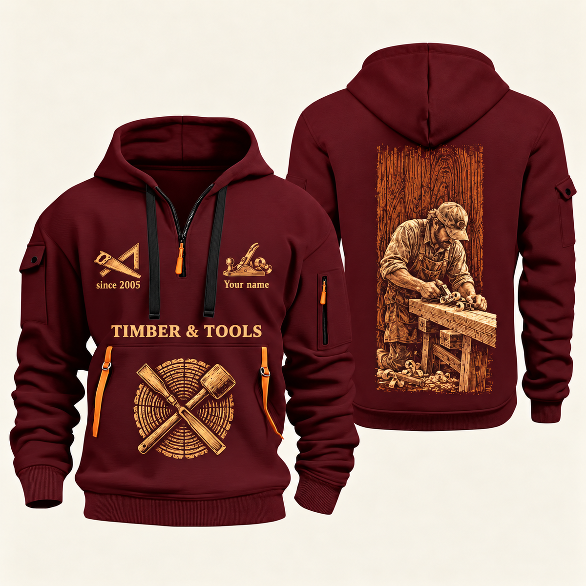 Carpenter Golden Craft quarter-zip hoodie in Wine Red, front and back, Your name and since 2005 artwork