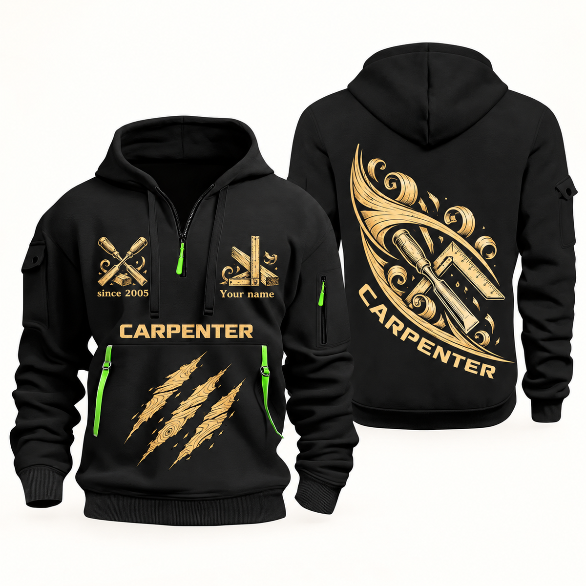 Carpenter Craft in Motion quarter-zip hoodie in Black, front and back, Your name and since 2005 artwork