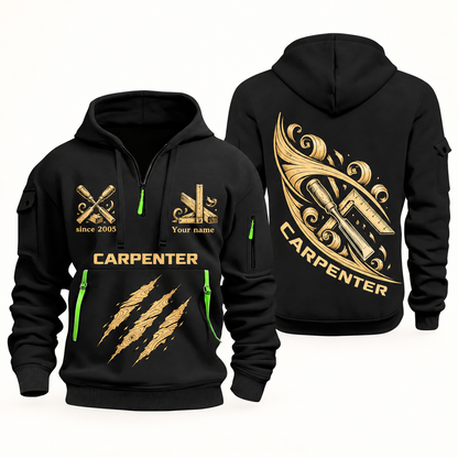 Carpenter Craft in Motion quarter-zip hoodie in Black, front and back, Your name and since 2005 artwork