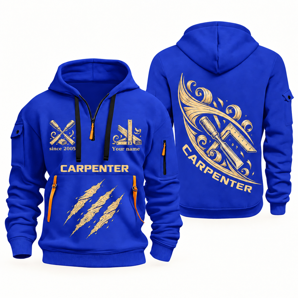 Carpenter Craft in Motion quarter-zip hoodie in Blue, front and back, Your name and since 2005 artwork