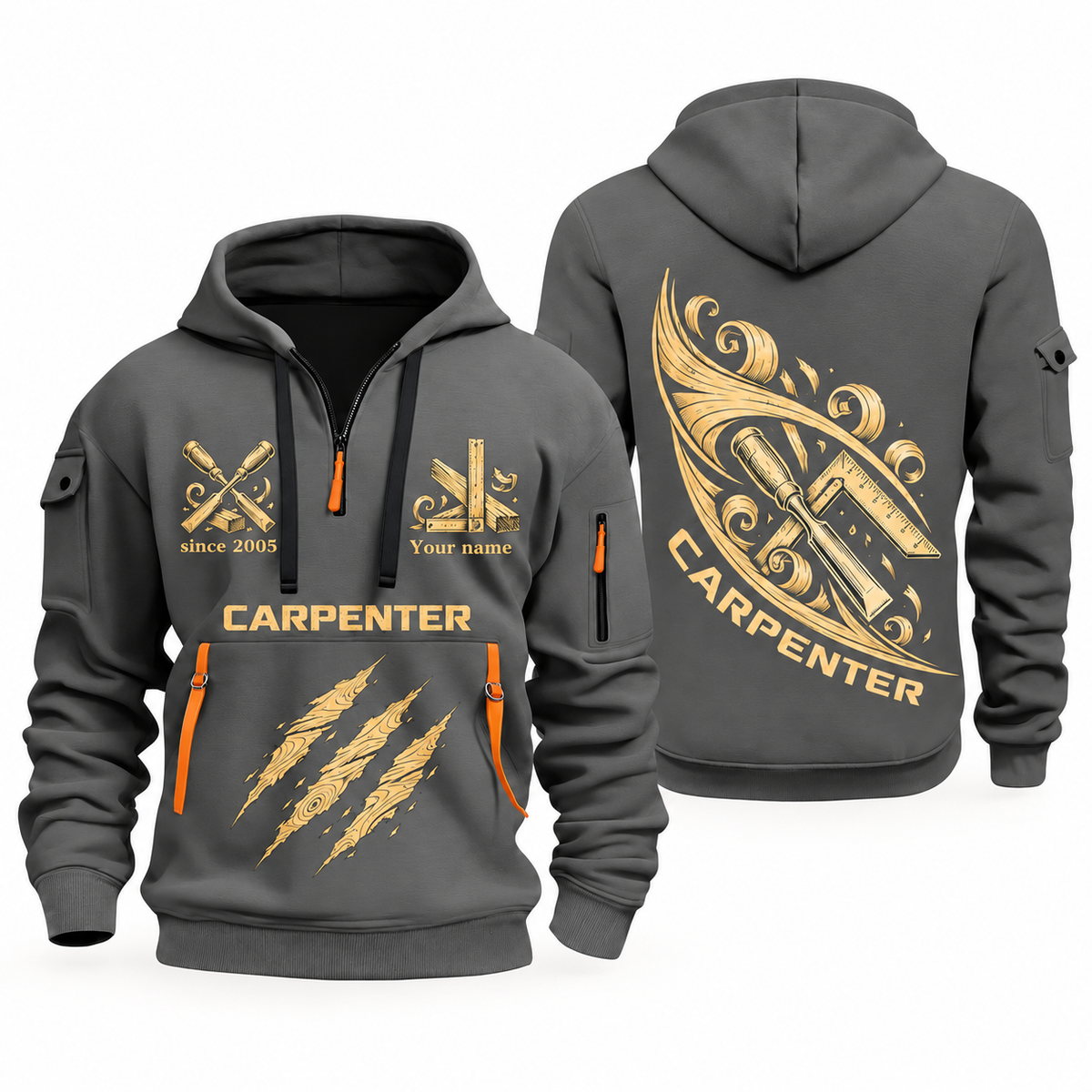 Carpenter Craft in Motion quarter-zip hoodie in Gray, front and back, Your name and since 2005 artwork