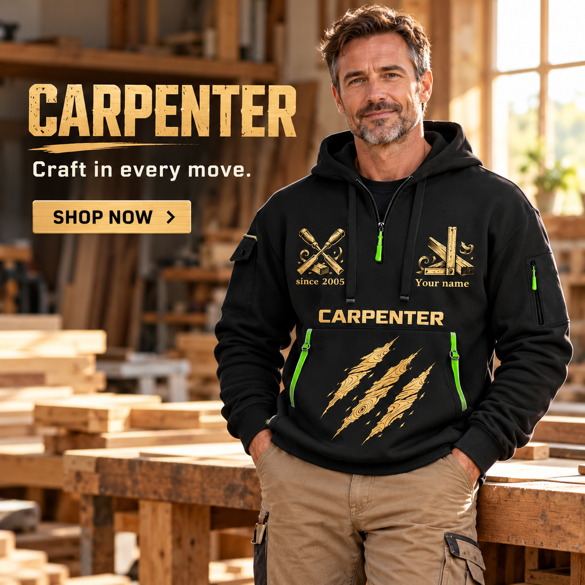 Carpenter wearing Craft in Motion quarter-zip hoodie in their workplace; product introduction and shopping call to action