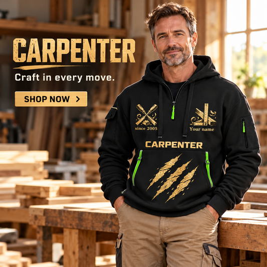 Carpenter wearing Craft in Motion quarter-zip hoodie in their workplace; product introduction and shopping call to action