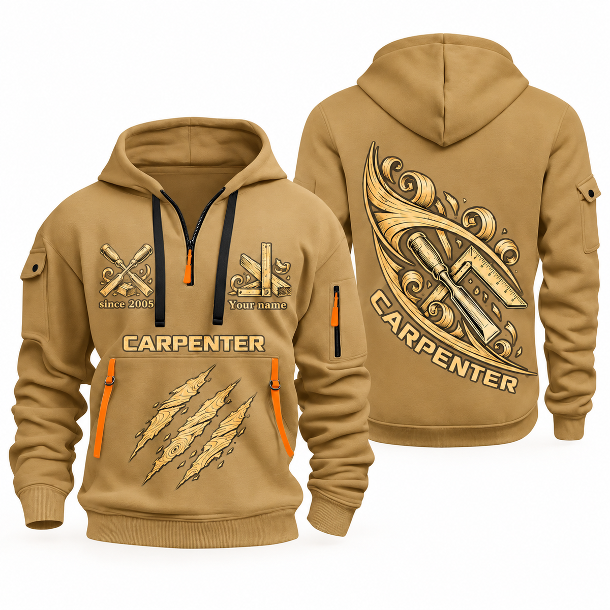 Carpenter Craft in Motion quarter-zip hoodie in Khaki, front and back, Your name and since 2005 artwork