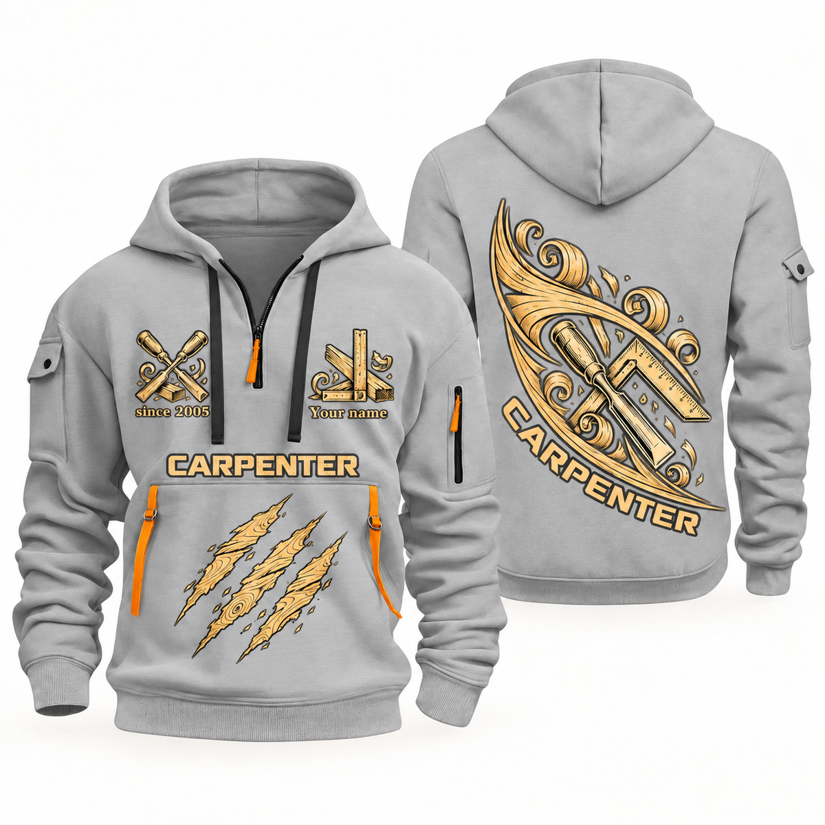 Carpenter Craft in Motion quarter-zip hoodie in Light Grey, front and back, Your name and since 2005 artwork