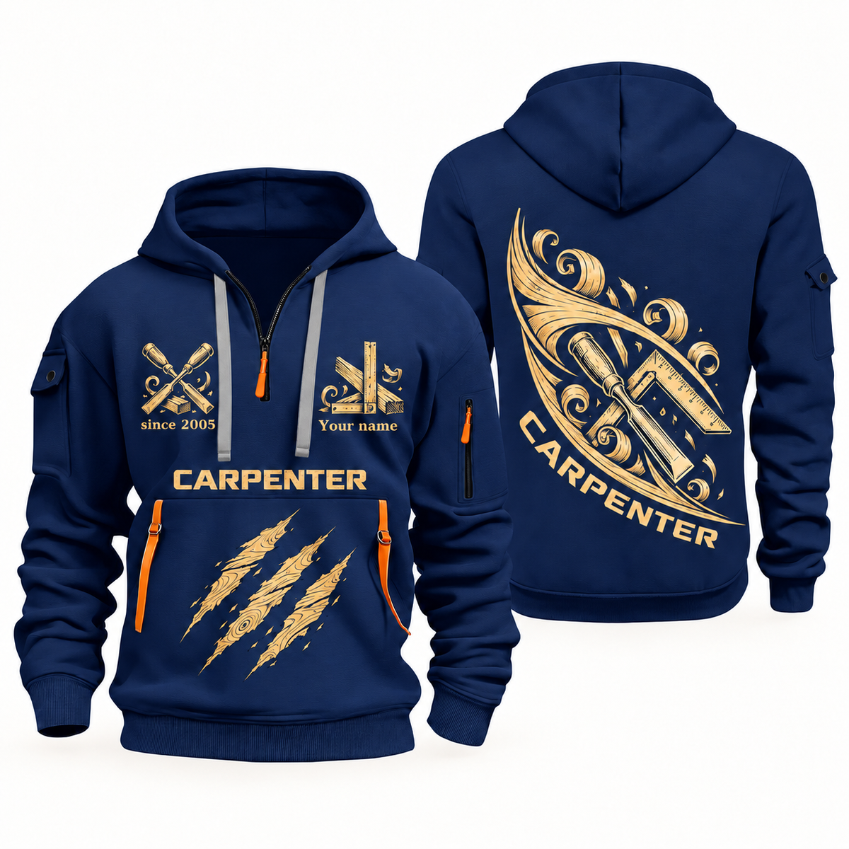 Carpenter Craft in Motion quarter-zip hoodie in Navy, front and back, Your name and since 2005 artwork