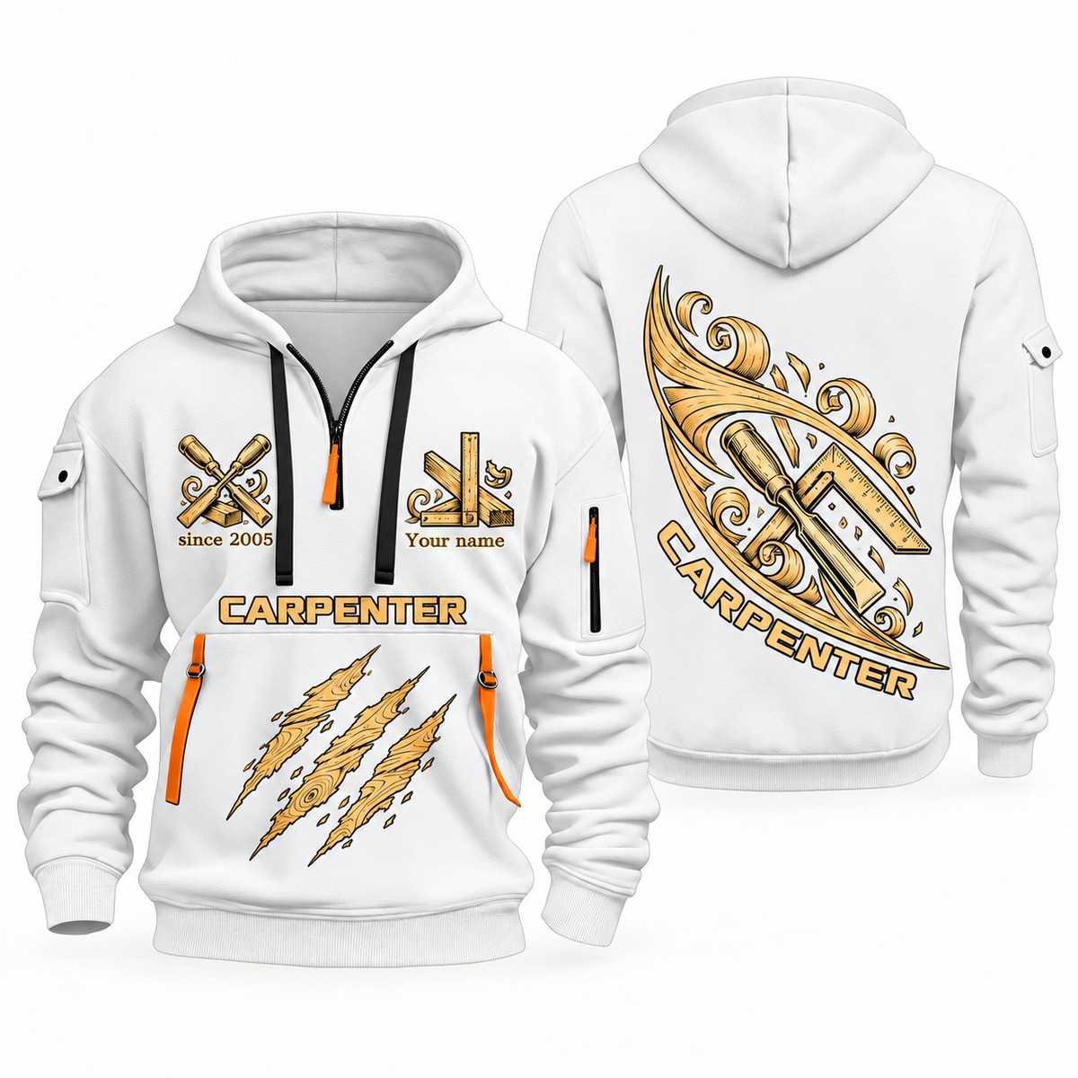 Carpenter Craft in Motion quarter-zip hoodie in White, front and back, Your name and since 2005 artwork