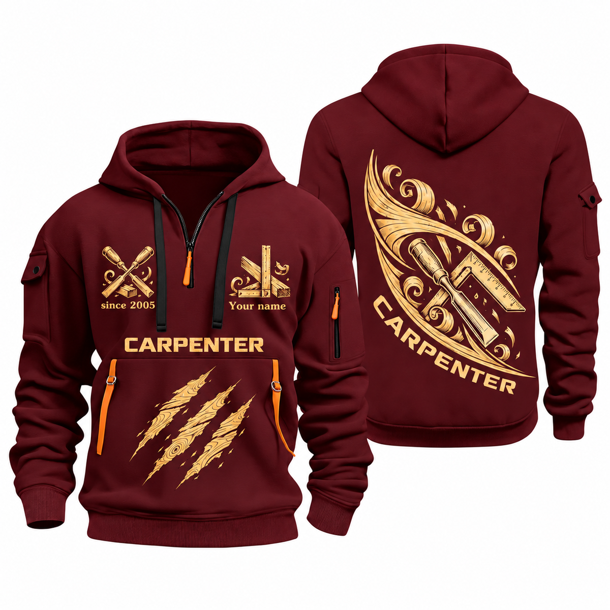 Carpenter Craft in Motion quarter-zip hoodie in Wine Red, front and back, Your name and since 2005 artwork