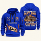 Carpenter Never Stops quarter-zip hoodie in Blue, front and back, Your name and since 2005 artwork