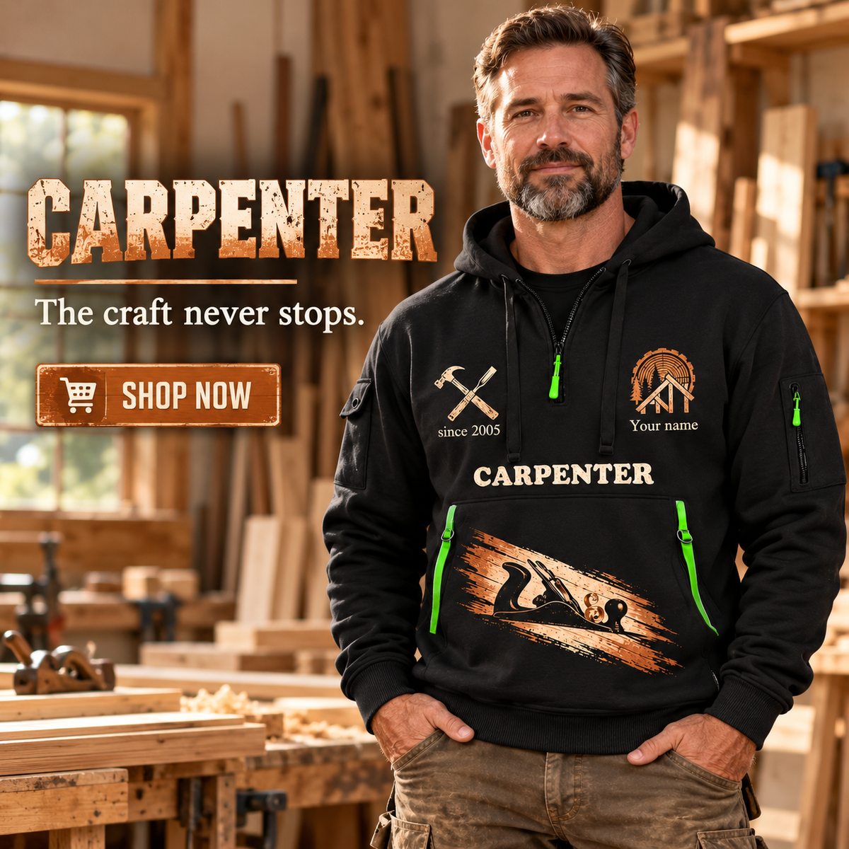 Carpenter wearing Never Stops quarter-zip hoodie in their workplace; product introduction and shopping call to action