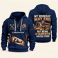 Carpenter Never Stops quarter-zip hoodie in Navy, front and back, Your name and since 2005 artwork