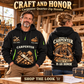 Carpenter wearing Craft and Honor quarter-zip hoodie in their workplace; product introduction and shopping call to action