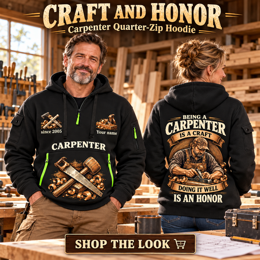 Carpenter wearing Craft and Honor quarter-zip hoodie in their workplace; product introduction and shopping call to action