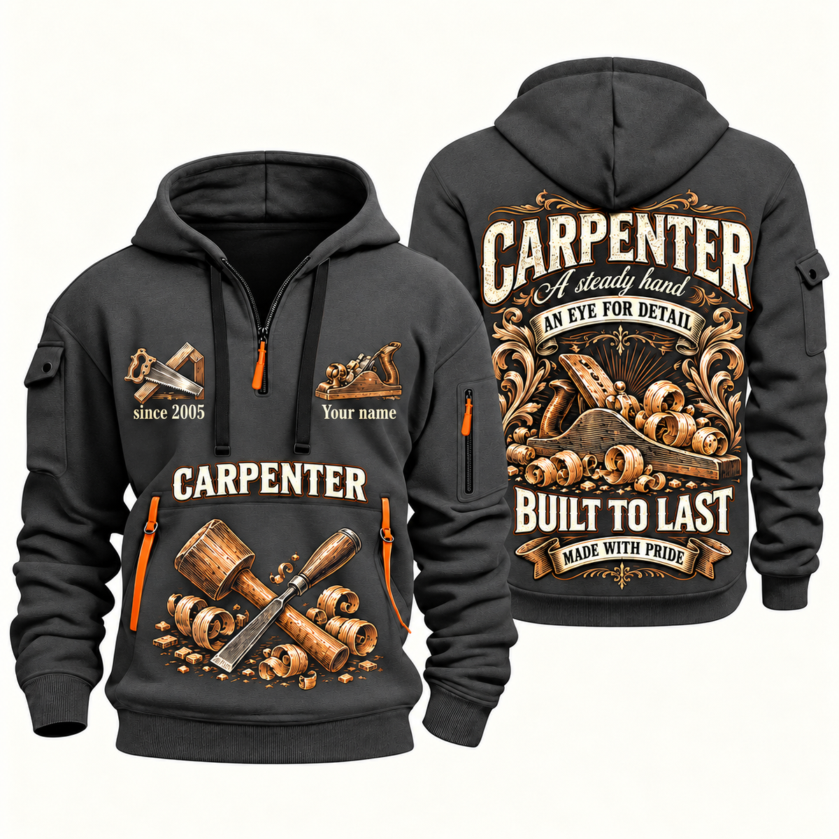 Carpenter Steady Hands quarter-zip hoodie in Gray, front and back, Your name and since 2005 artwork