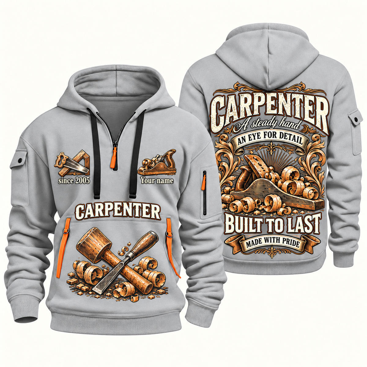 Carpenter Steady Hands quarter-zip hoodie in Light Grey, front and back, Your name and since 2005 artwork
