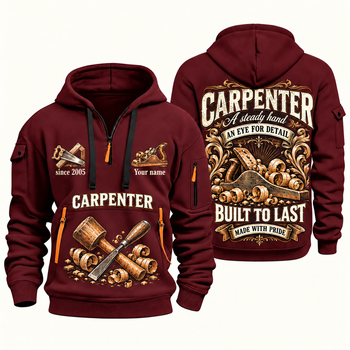 Carpenter Steady Hands quarter-zip hoodie in Wine Red, front and back, Your name and since 2005 artwork