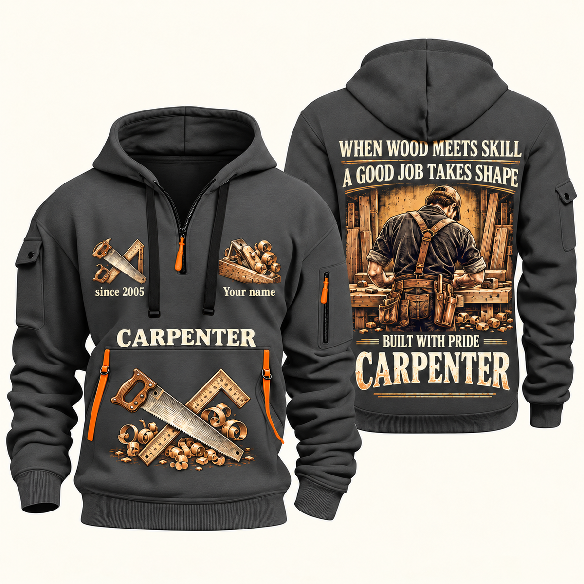 Carpenter Built with Pride quarter-zip hoodie in Gray, front and back, Your name and since 2005 artwork