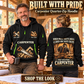 Carpenter wearing Built with Pride quarter-zip hoodie in their workplace; product introduction and shopping call to action