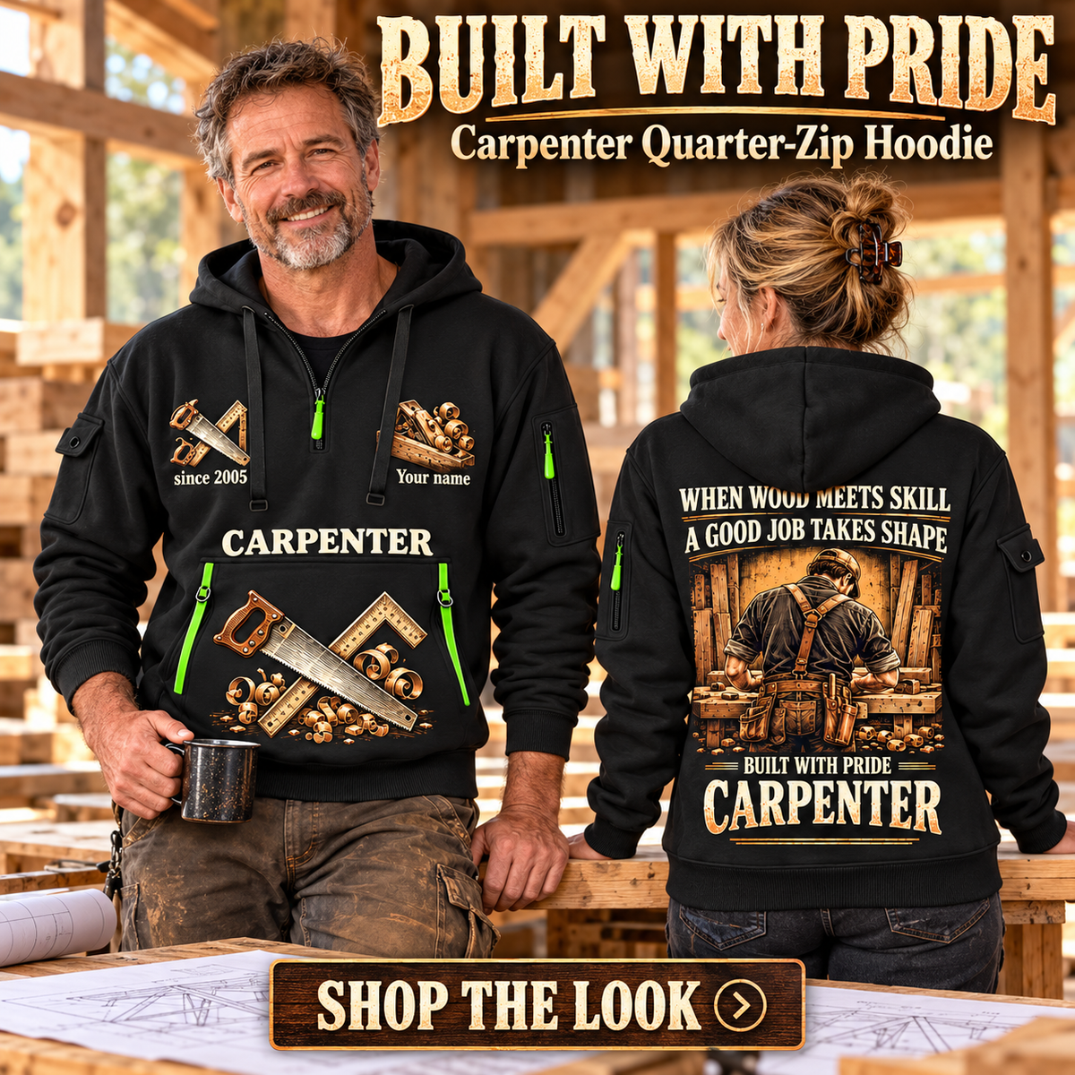 Carpenter wearing Built with Pride quarter-zip hoodie in their workplace; product introduction and shopping call to action