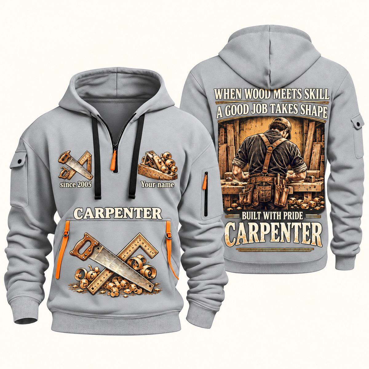 Carpenter Built with Pride quarter-zip hoodie in Light Grey, front and back, Your name and since 2005 artwork