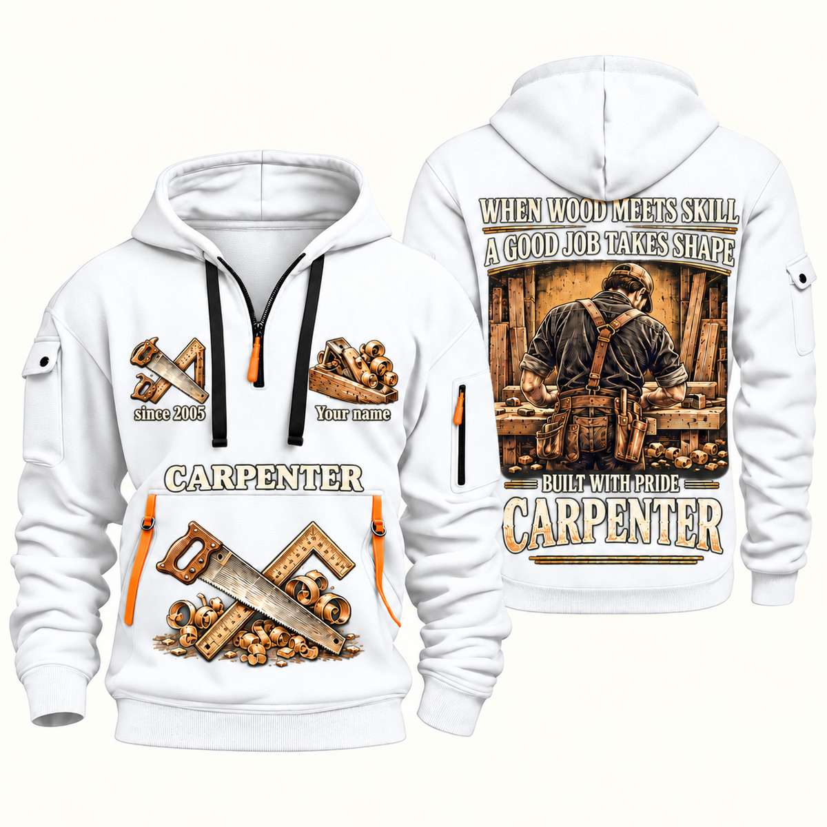 Carpenter Built with Pride quarter-zip hoodie in White, front and back, Your name and since 2005 artwork