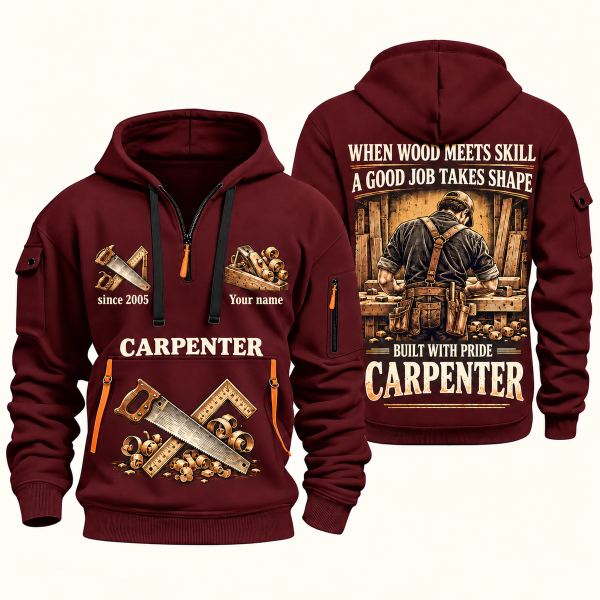 Carpenter Built with Pride quarter-zip hoodie in Wine Red, front and back, Your name and since 2005 artwork