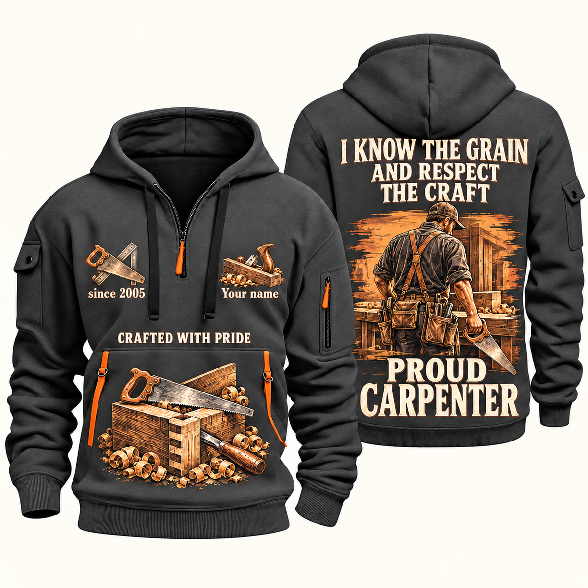 Carpenter Respect the Craft quarter-zip hoodie in Gray, front and back, Your name and since 2005 artwork