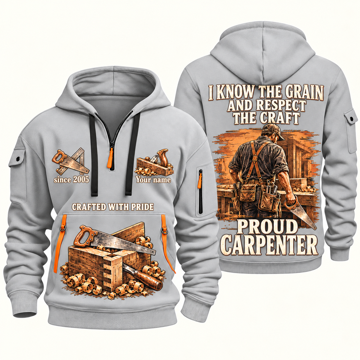 Carpenter Respect the Craft quarter-zip hoodie in Light Grey, front and back, Your name and since 2005 artwork