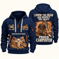 Carpenter Respect the Craft quarter-zip hoodie in Navy, front and back, Your name and since 2005 artwork