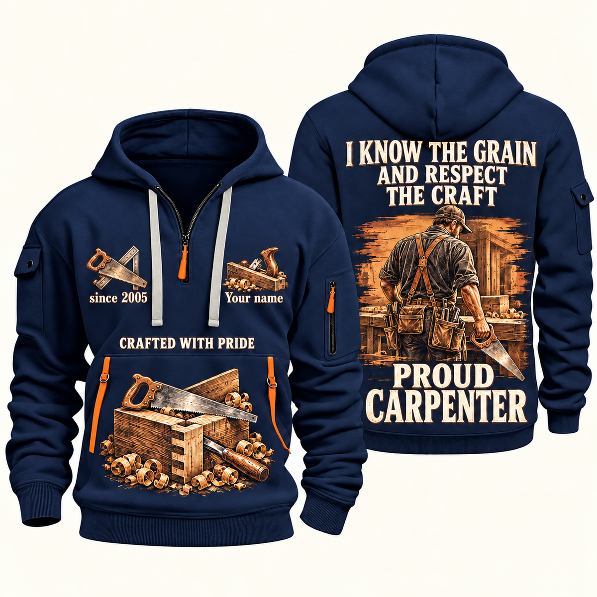 Carpenter Respect the Craft quarter-zip hoodie in Navy, front and back, Your name and since 2005 artwork