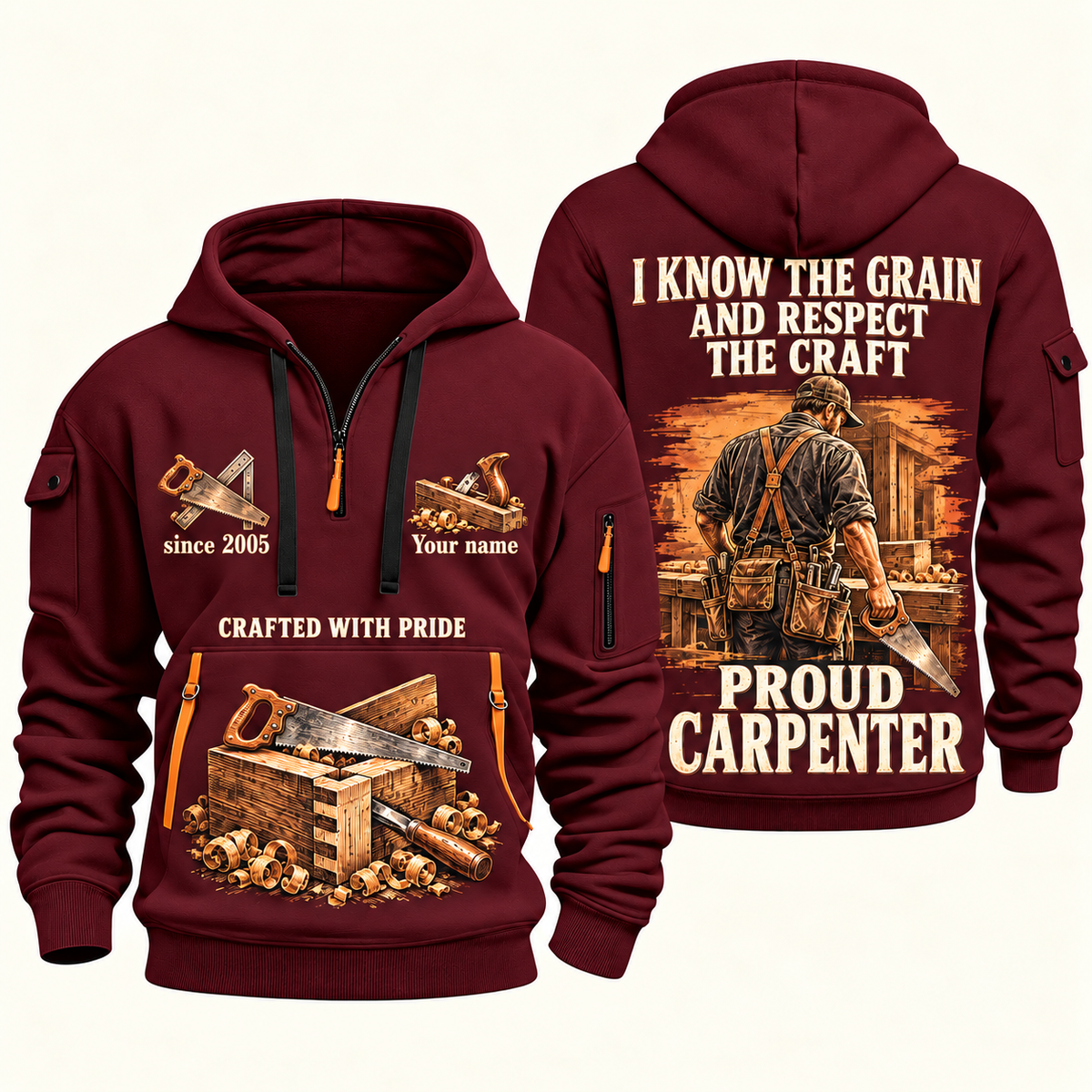 Carpenter Respect the Craft quarter-zip hoodie in Wine Red, front and back, Your name and since 2005 artwork