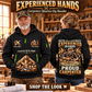 Carpenter wearing Experienced Hands quarter-zip hoodie in their workplace; product introduction and shopping call to action
