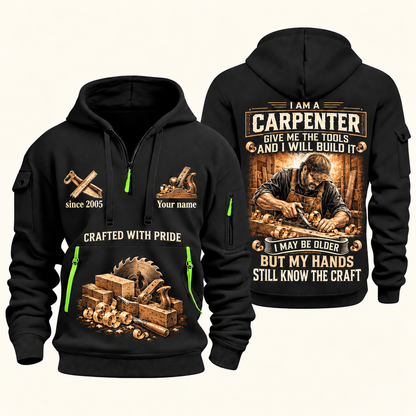 Carpenter Skills Remain quarter-zip hoodie in Black, front and back, Your name and since 2005 artwork
