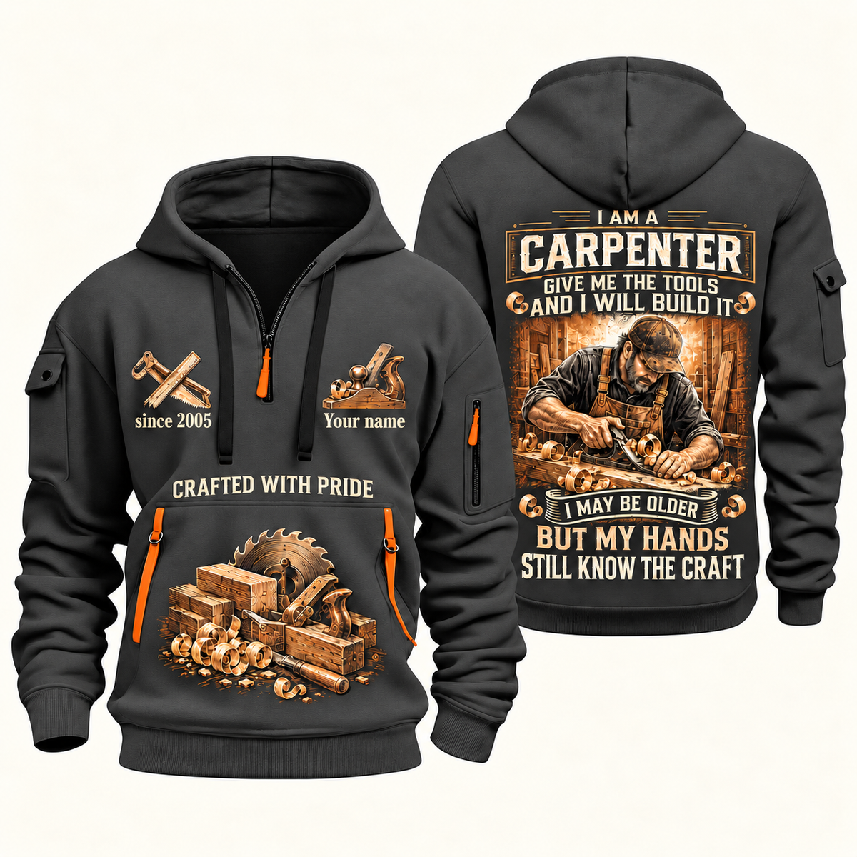 Carpenter Skills Remain quarter-zip hoodie in Gray, front and back, Your name and since 2005 artwork