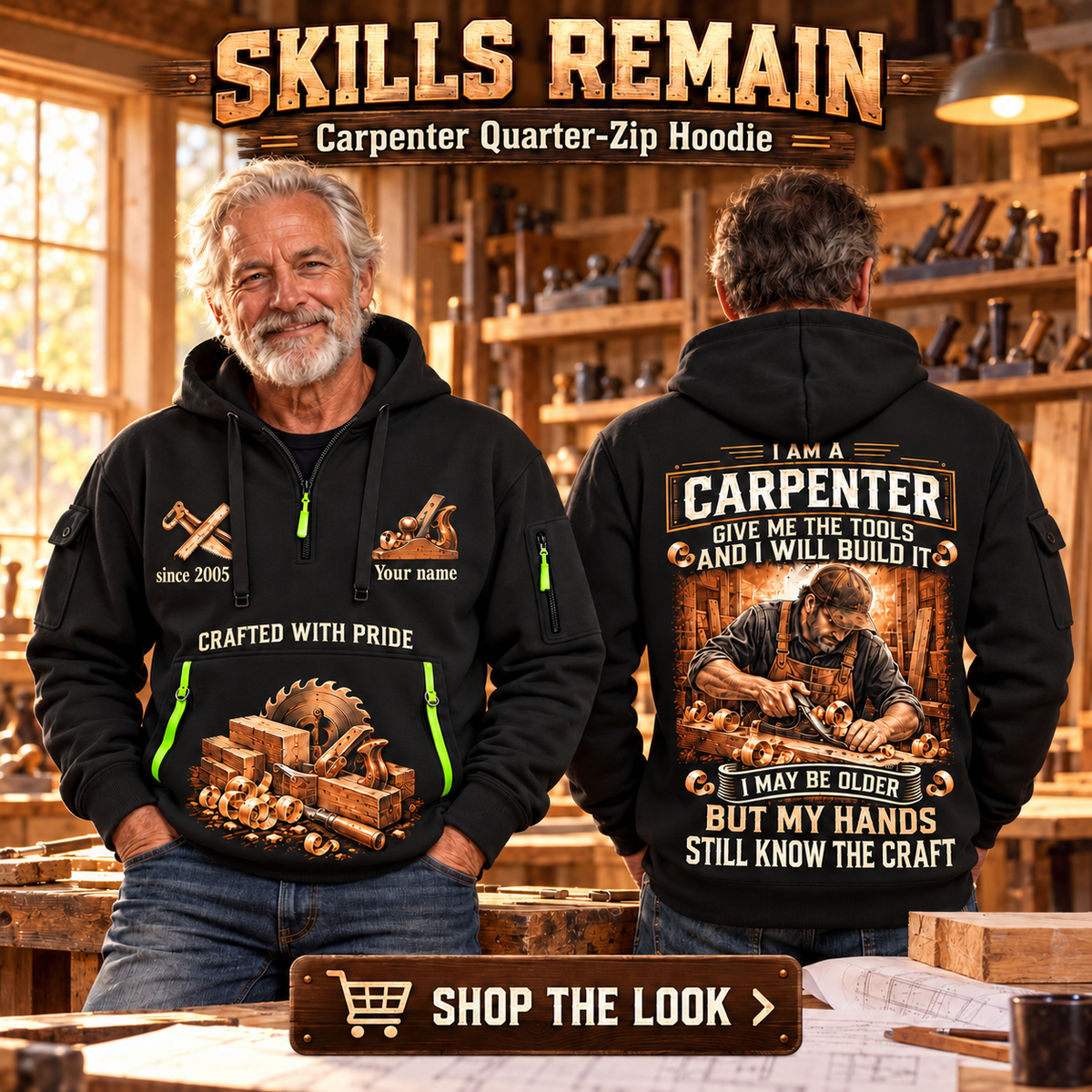 Carpenter wearing Skills Remain quarter-zip hoodie in their workplace; product introduction and shopping call to action
