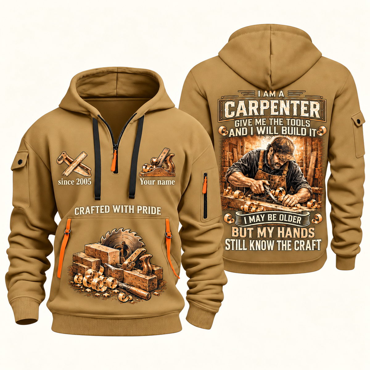 Carpenter Skills Remain quarter-zip hoodie in Khaki, front and back, Your name and since 2005 artwork