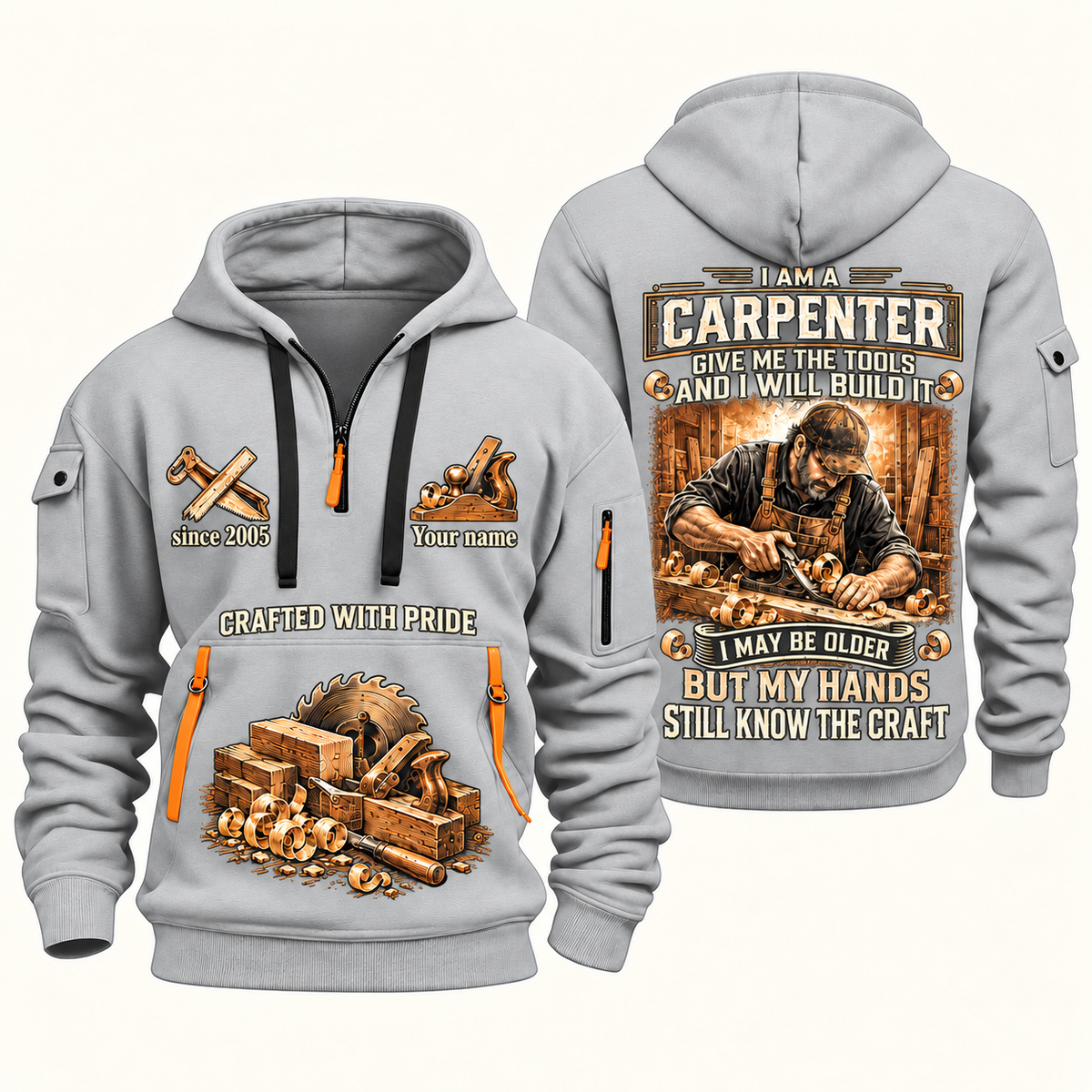 Carpenter Skills Remain quarter-zip hoodie in Light Grey, front and back, Your name and since 2005 artwork