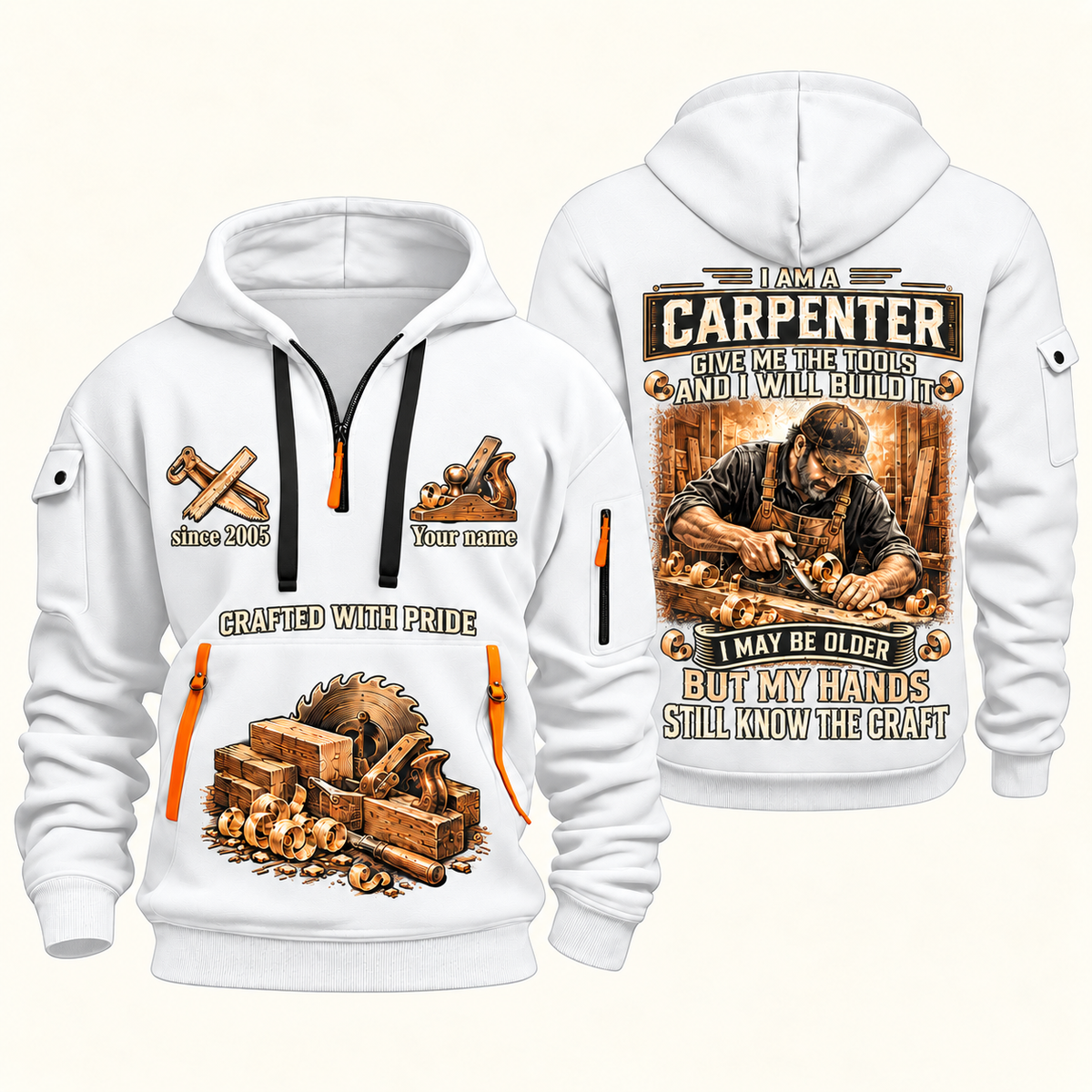 Carpenter Skills Remain quarter-zip hoodie in White, front and back, Your name and since 2005 artwork