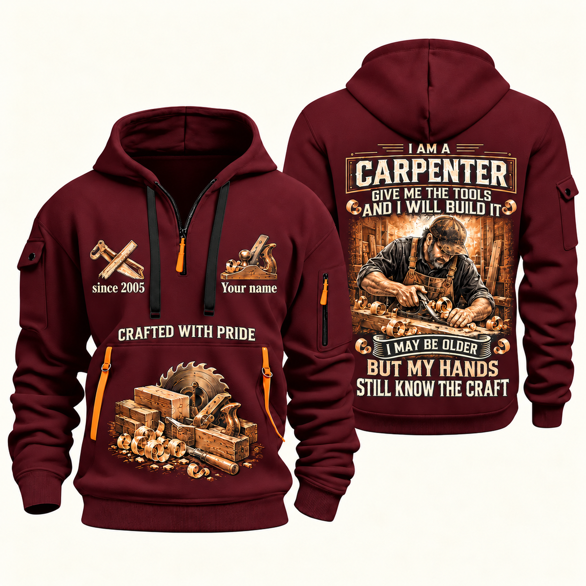 Carpenter Skills Remain quarter-zip hoodie in Wine Red, front and back, Your name and since 2005 artwork