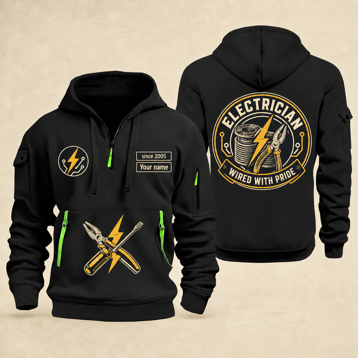 Electrician Wired With Pride quarter-zip hoodie in Black, front and back, Your name and since 2005 artwork