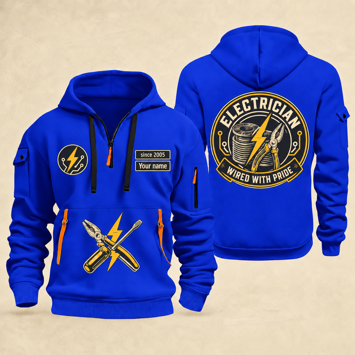 Electrician Wired With Pride quarter-zip hoodie in Blue, front and back, Your name and since 2005 artwork