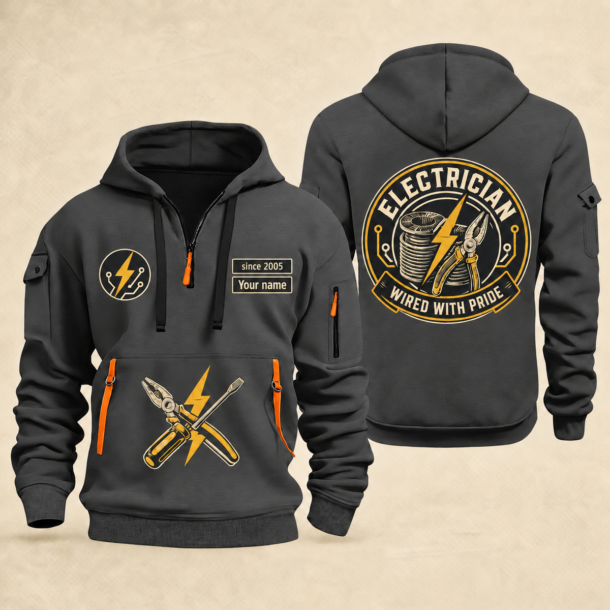 Electrician Wired With Pride quarter-zip hoodie in Gray, front and back, Your name and since 2005 artwork