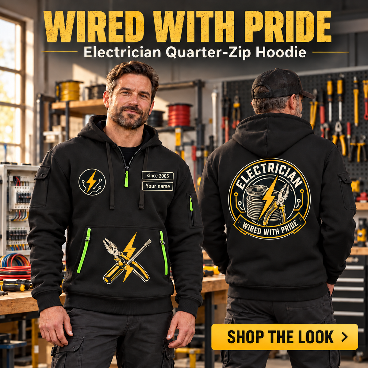 Electrician wearing Wired With Pride quarter-zip hoodie in their workplace; product introduction and shopping call to action